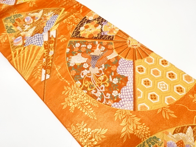 扇に鳳凰・花・古典柄模様織り出し　袋帯